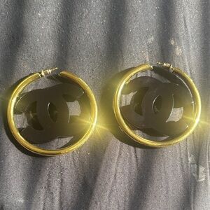 CHANEL Gold Hoop Earrings with Black Logo